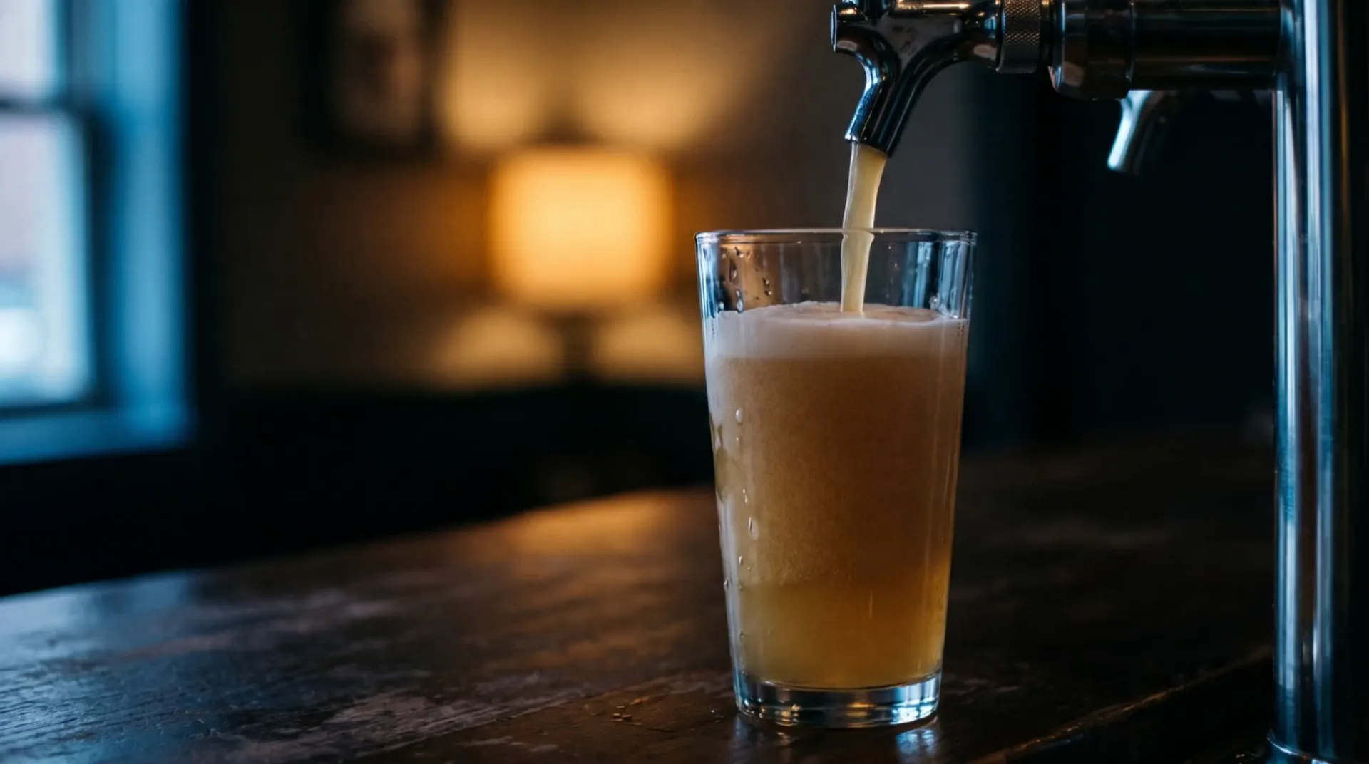 Illustrative pint under a chrome tap, lit by cold blue and warm bar light