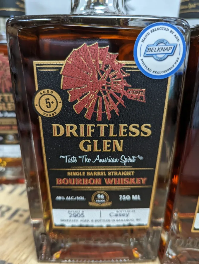 Belknap's actual Driftless Glen Single Barrel Bourbon store pick bottle